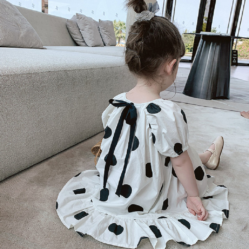 wholesale Cotton Fabric 2021 Summer Girls White Speckled Round neck narrow cuff Ruffle Dress With Short Sleeve