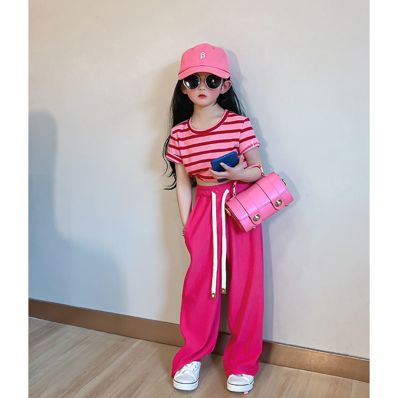 Conyson Summer Western Style Striped Short Sleeve Pink 5-10 Years Anti-mosquito Girls 2 Piece Short Set For Kids Clothing Set