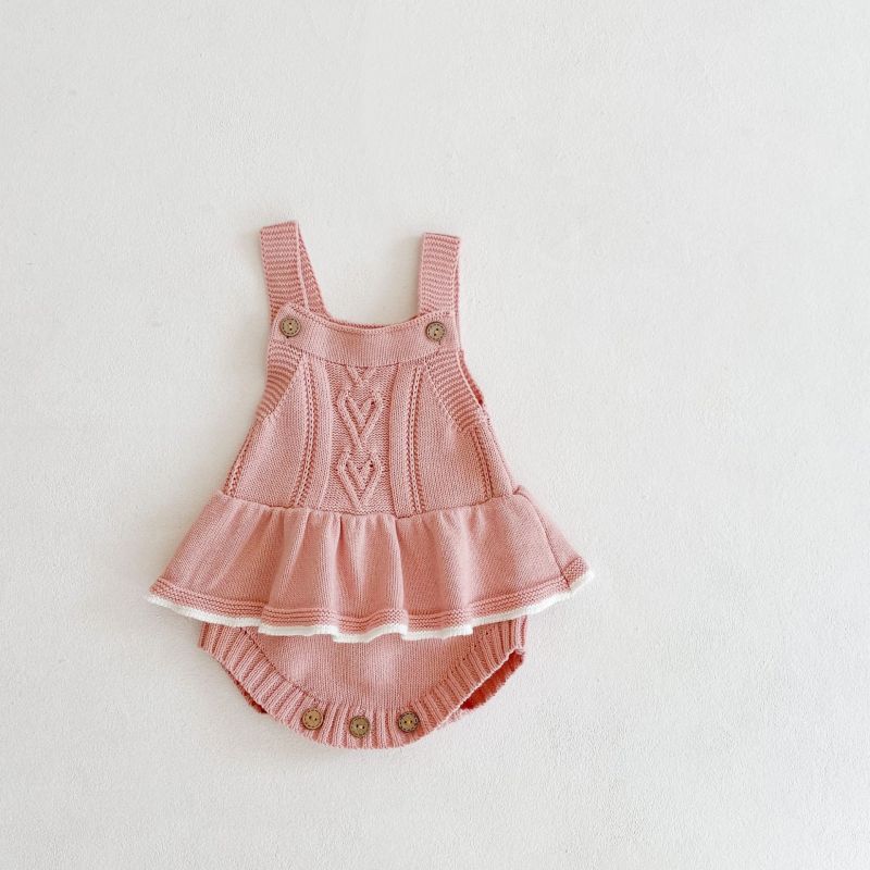 New Style Girl Baby Clothing Love Pattern Ruffles Patchwork Button Jumpsuits Knitted Sweater Romper Suits Cute Infant Playsuit