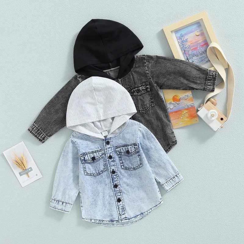 Conyson Spring Kids Girls Casual Denim Coat Casual Clothes Long Sleeve Button Hoodies Children Boys Patchwork Jacket