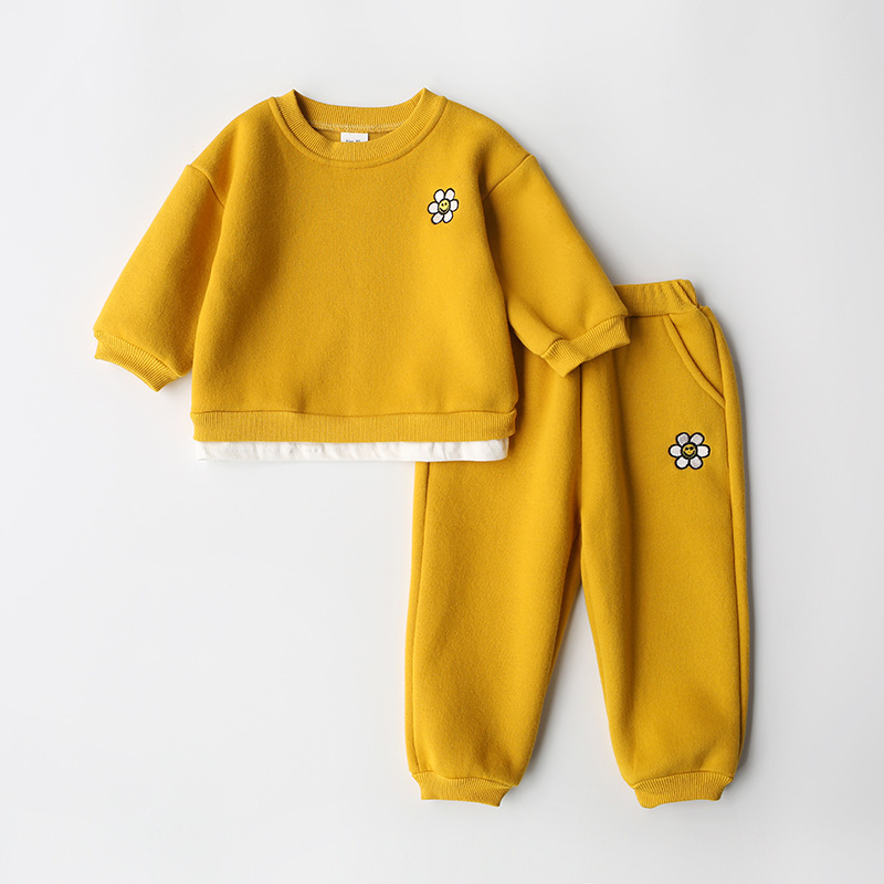 Conyson Designer Flower Print Long Sleeve Pullover Long Pant Solid Sportswear Children's Girls Clothes 2 Piece Outfit Suits