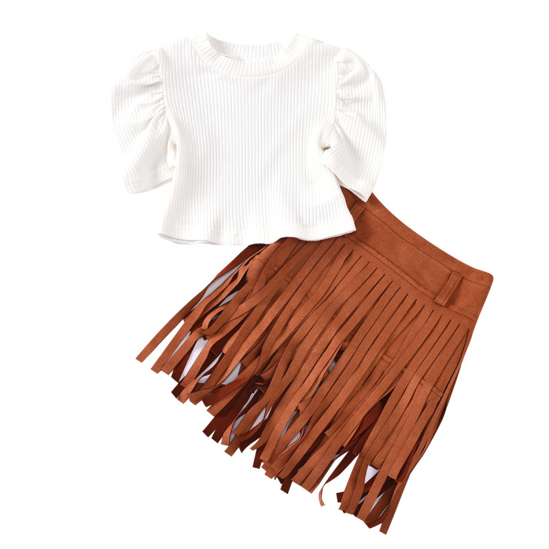 Conyson Hot New Kids Clothes Outfit Baby Girls Puff Tops T-shirt Tassel Skirt Children Fashion Tassels Skirt Summer Clothing Set