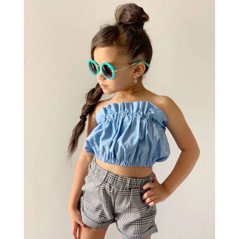 Conyson Wholesale Fashion Summer Girls Suit Blue Sleeveless Boutique Blue Wrinkled Top Plaid Shorts Two Pieces Girl Outfits