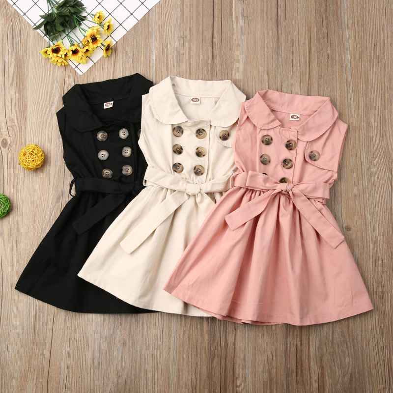 Toddler Baby Girls Retro Dress Sleeveless Double-Breasted Windbreaker Dress Party Pageant Belt Buckle Princess Dress 1-6Y