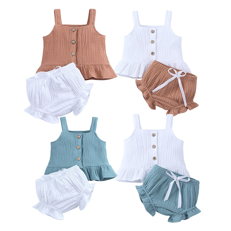 Conyson Wholesale Summer Kids Clothes Outfit Little Girls Halter Vest Shorts Linen 2 piece Princess Boutique baby clothes Set