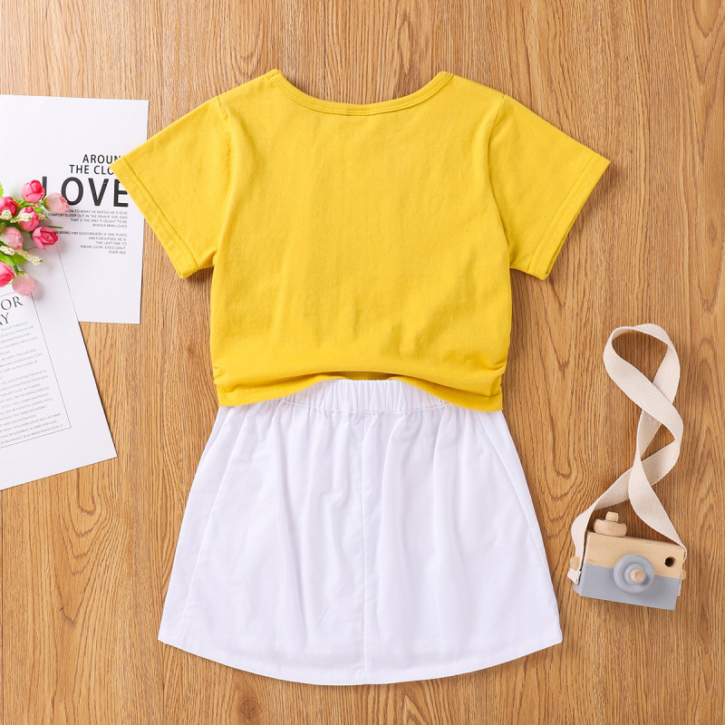 Conyson Wholesale Summer New Letter Print Tie Belt Round Neck Shirt and Pocket Skirt Kids Clothes Baby Girls 2Pcs Clothing Set