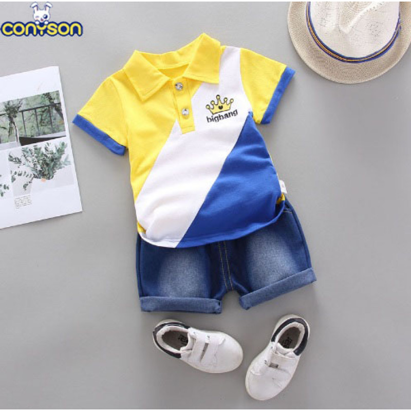 Conyson hot sale korea fashion toddler cotton patchwork apparel baby boys designer kids clothes summer outfit short clothing set