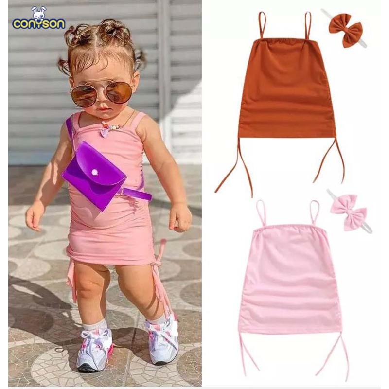 Conyson Summer Slip Dress Toddler Kids Baby Girl Casual Sleeveless Solid Color Tie Up One-piece Outfit Clothes Girls Dresses