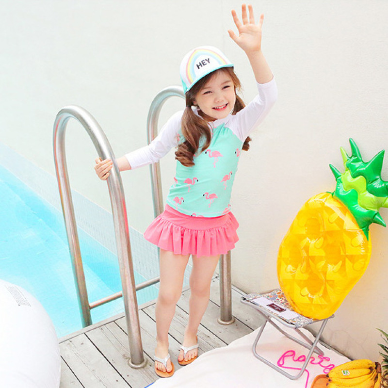Conyson Wholesale Summer Beach Kids Clothes Two Piece Baby Girls Long Sleeve Flamingo Bikini Children Ruffle Beachwear Swimwear