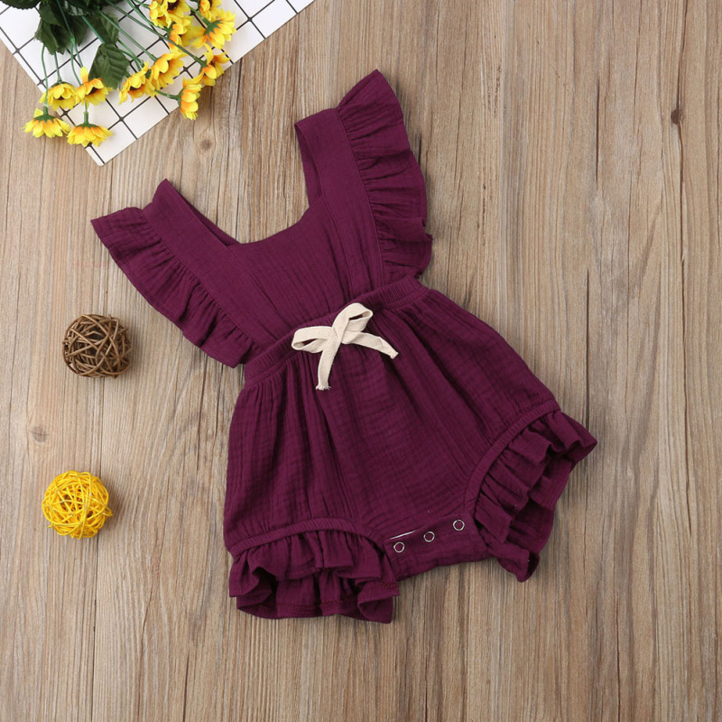 Wholesale Cotton Gauze Infant Flutter Sleeve Suit Baby Summer Clothing Rompers Sleeveless