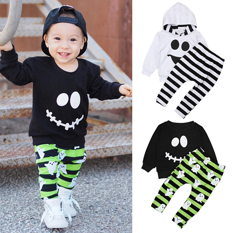 Conysond Toddler Boy Halloween Long Sleeve Sweater Printed Pants Clothing Sets Casual Cute Striped Ghost Pant Infant Boys Suits