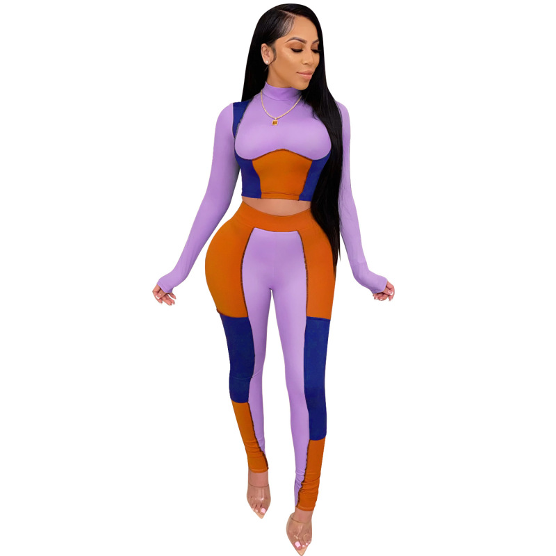 2022 Women Spliced Midriff Baring Top Sets Skinny Shirt Pencil Pants Two Piece Outfits Solid Color Sports Home Suit