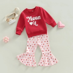 Conyson New Arrival Spring Autumn O-neck Long Sleeve Letter Hoodie Love Bell Bottom Sweet Style 3-8yrs Kids Girls Two Piece Sets
