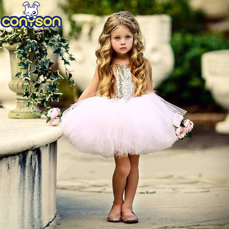 Conyson Wholesale Pageant Kids Baby Girl Princess Dress toddler Tutu Tulle Back Hollow Out Party Dress Pink Ball Gown Dresses