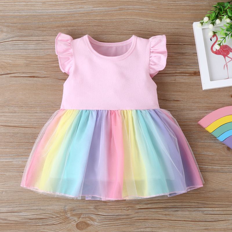 Conyson New Hot Sale Summer Kids Clothing Cotton Colorful Rainbow Striped Sleeveless Ruffle Sleeve Princess Vest Sweet Dress