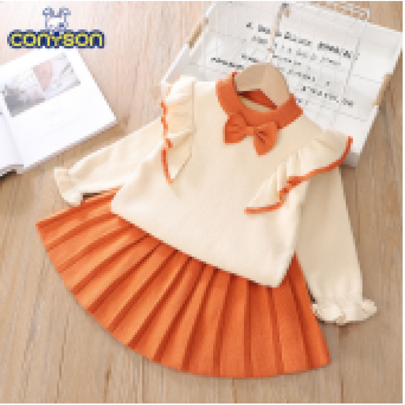 Latest Winter Baby Girl Clothing Knitted Bow Sweater Pleated Half Skirts Two Pieces Suits Casual Lovely Sweet Dress Sets