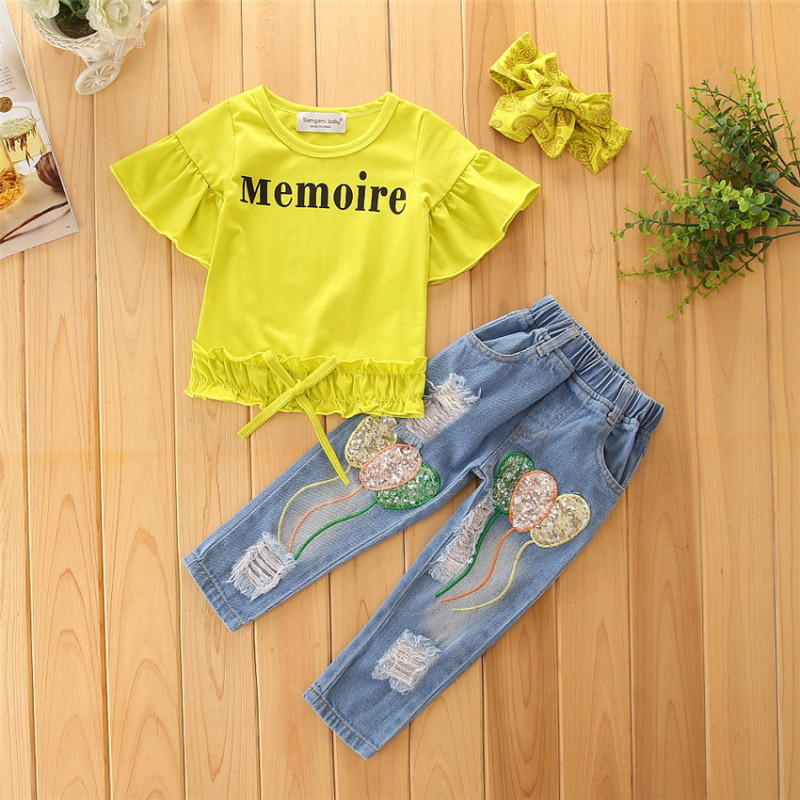 2021 Kids Children's Flare Sleeve + Sequin Balloon Ripped Jeans Girls Set