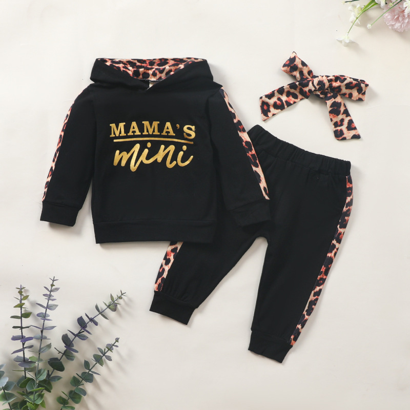 Conyson High Quality Spring Autumn Mini Letter Pullover Hoodie Sport Leopard Printed Kids Clothing 3pcs Baby Girl Clothes Sets