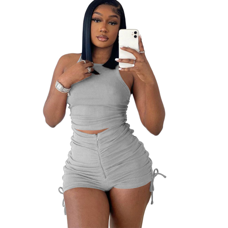 Bulk New Design Shirring 2 Piece Set Workout Summer 2023 Puff Short Cozy Women Jogger Matching Street Sets Women Sexy  Sets
