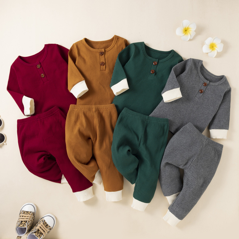 Conyson hot sale autumn winter fashion toddler baby boy girls' solid infant kids clothes set 100% cotton boutique clothing sets