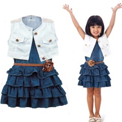 Girls Denim Floral Dress Summer Party Dress with Belt Children Flying Short Sleeve Casual Clothing Baby Girl Kids Fashion Outfit