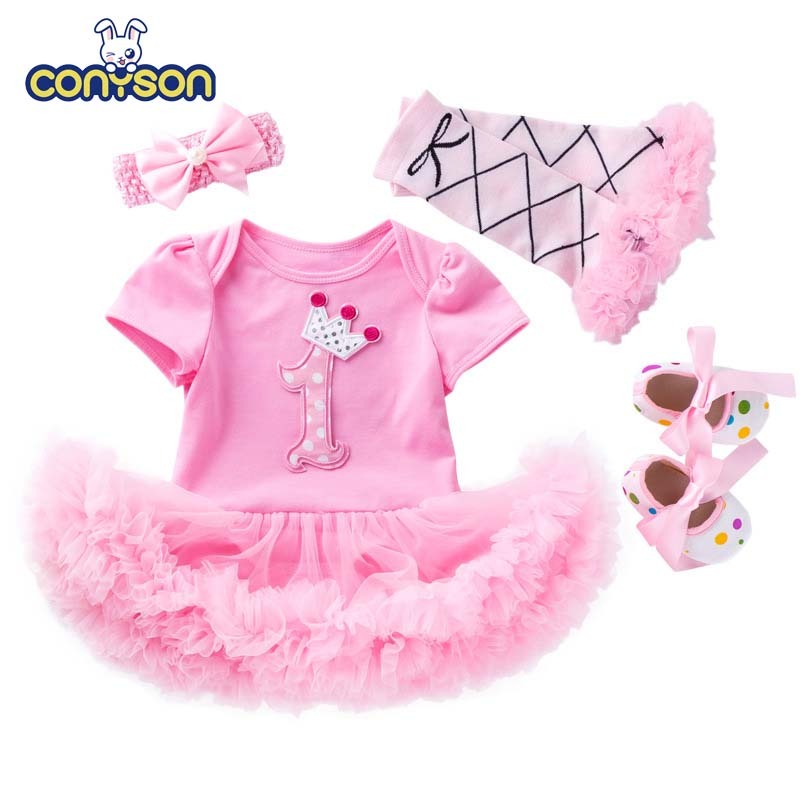 Conyson Pink Girls Baby Shoes Headband Christening Party Dresses Mesh Cartoon Cartoon Birthday Clothing Set