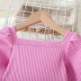 Conyson Hot Wholesale Europeon Style Fashion Square Collar Stripe Sweater PU Nail Button With Pocket Little Girls Fall Clothes