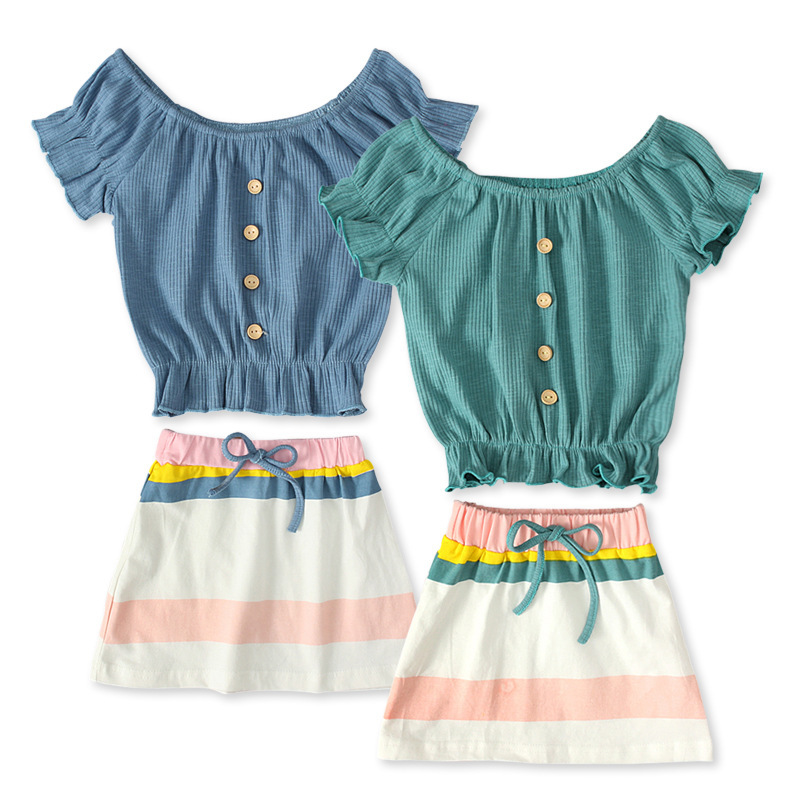 wholesale 2021 Popular Summer sweet children Print off-the-shoulder short Sleeve 2pcs baby Girl A-line band skirt clothing sets