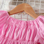 Conyson Off-The-Shoulder Stretch Pleated Lantern Bubble Sleeve Wholesale Ruffle Kids Clothing Short Top Bag Denim Girls Suit