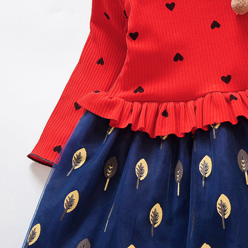 Conyson Baby Kids Children Fashion Long Sleeve Little Girl Heart Pattern Skirt Floral Printing Fluppy Princess Stitching Dress