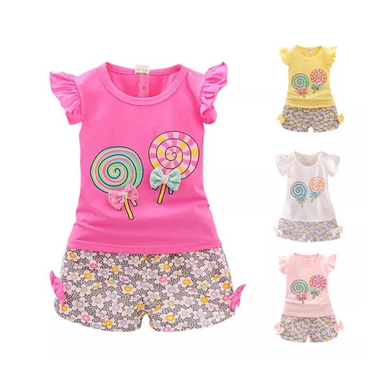 Conyson High Quality Bow Floral Patterns Little Girls Clothing 2 Piece Sets Cartoon Printing Cotton Shorts Kids Clothing