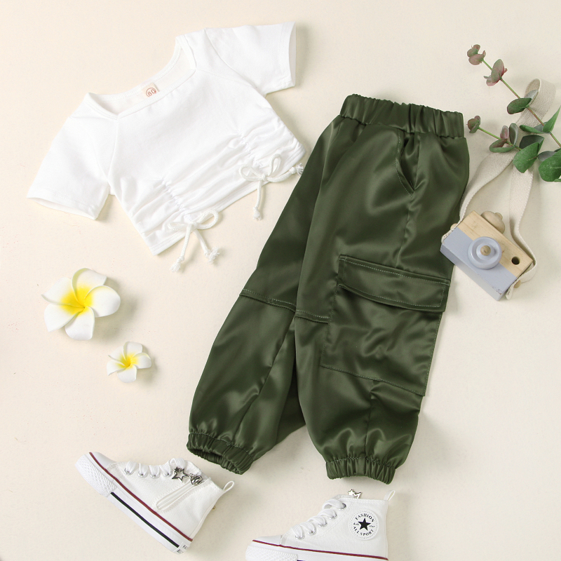 Conyson White Short Sleeve Pullover Baggy Sweatpants Sweats Ruffle Square Collar Crop Top  Leather Long Pants Girl 2Pcs Suit