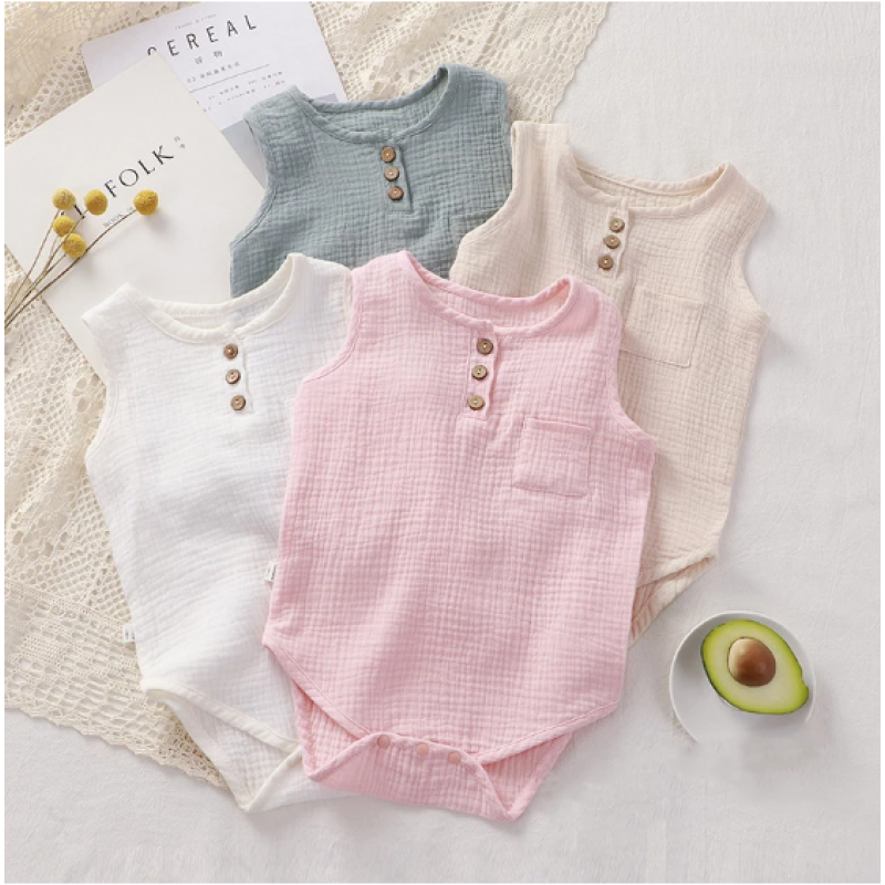 Conyson Summer Baby Boy Girl Rompers Muslin Cotton Sleeveless Newborn Infant Romper Jumpsuit Solid Color Baby Clothing