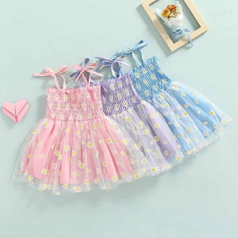 New Boutique Girls Baby Sweet Dress Floral Ruffled Sleeveless Sling Smocking Tulle Princess Dress Sunflower Printed Skirts