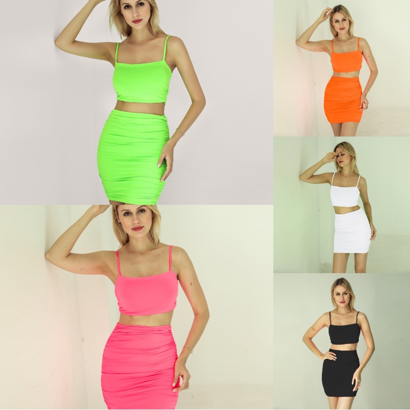 Two Piece Sleeveless Sling Bodycon Dress Casual Crop Tops Pleated Rump Skirts Women Sheath Dress Sets