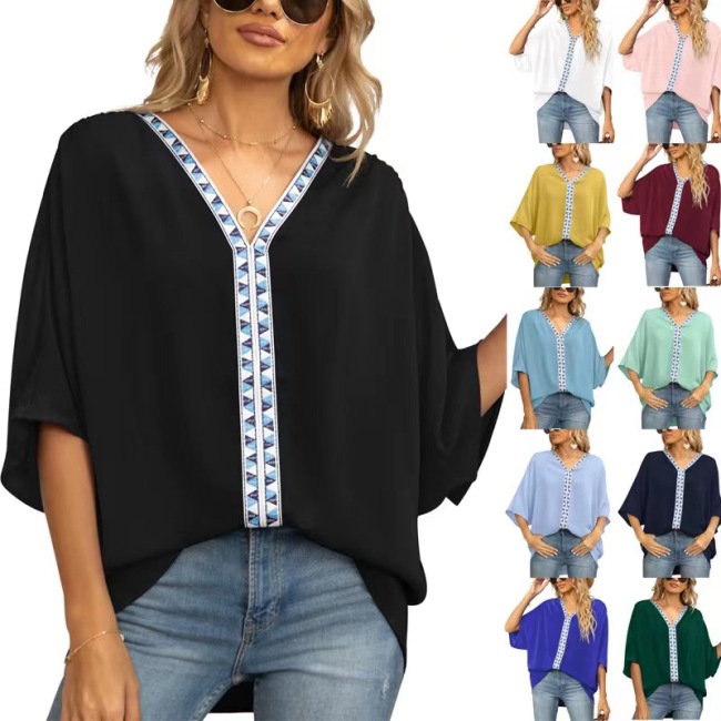 Conyson New Arrival Summer Fashion Europeon Splicing Design Bat Sleeve Chiffon V Neck Plain Blouses Elegant Tops Women Blouses