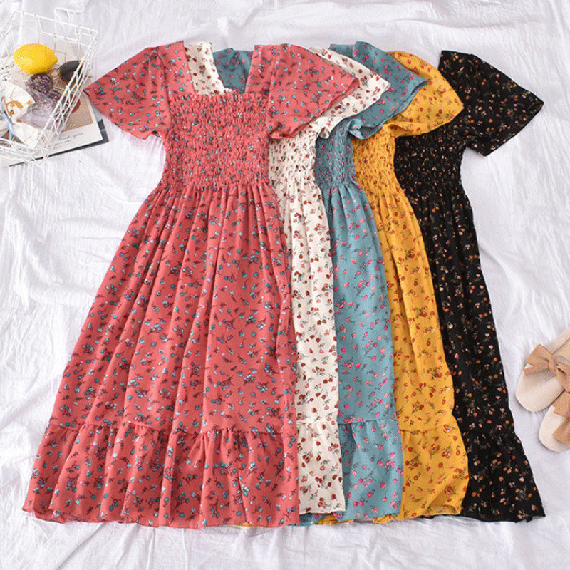 Floral Print Elastic Midi Skirt Square Collar Ruffles Short Sleeve One Piece Dress Women Elegant Casual Dresses
