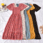 Floral Print Elastic Midi Skirt Square Collar Ruffles Short Sleeve One Piece Dress Women Elegant Casual Dresses