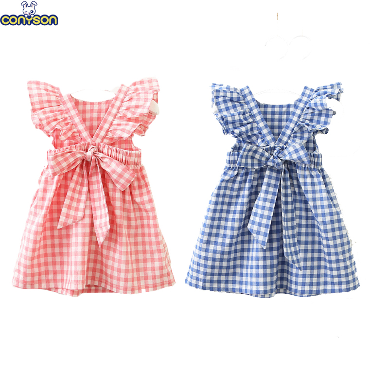 Conyson Summer Dress Design Ruffle Prom Formal Fairy Flying Sleeve Party Dress Bow Plaid Backless 2-8Y Easter Kids Girl Dress