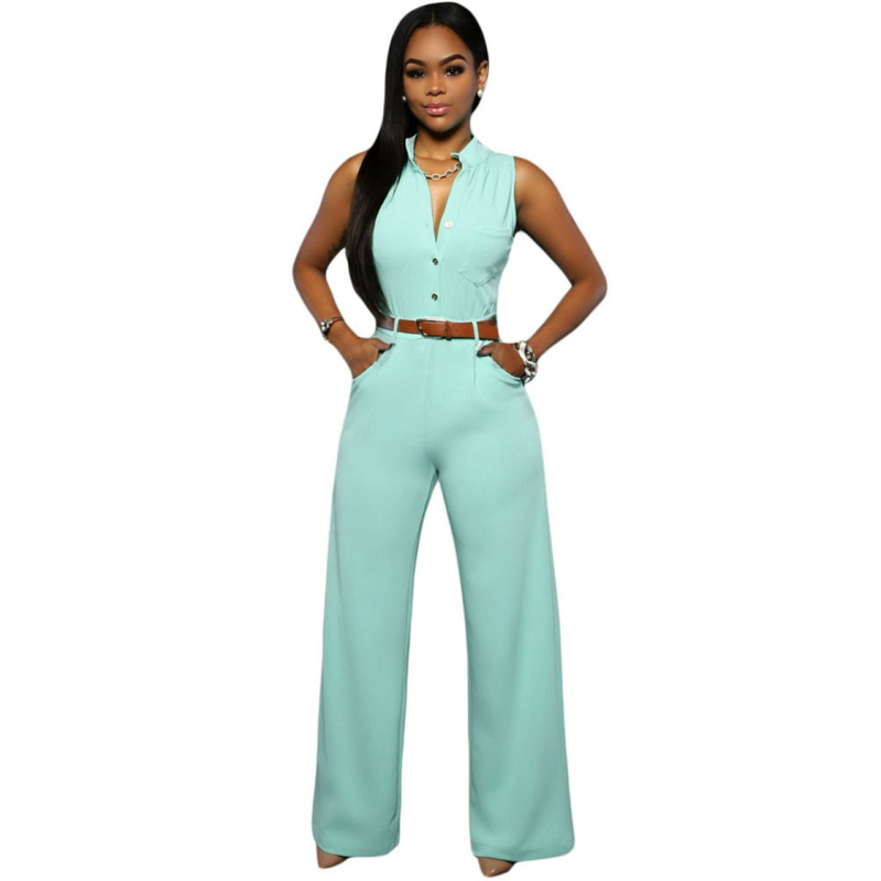 Summer Siamese Trousers Button Belt Sleeveless Pockets V neck Colourful Romper Suits Outfit 2022 Plus Size Women Casual Jumpsuit