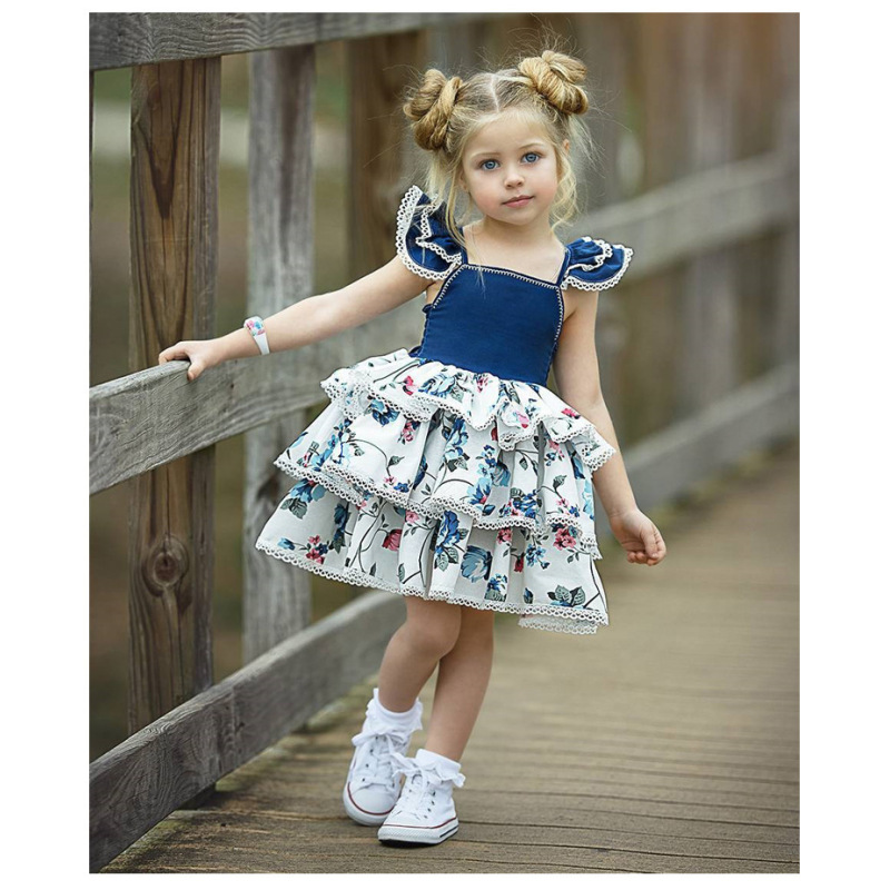 Conyson Hot Sale Ruffle Vintage Floral Print Summer Kids Clothes Baby Girls Party Casual Beach Holiday Outfit Fly-sleeve Dress