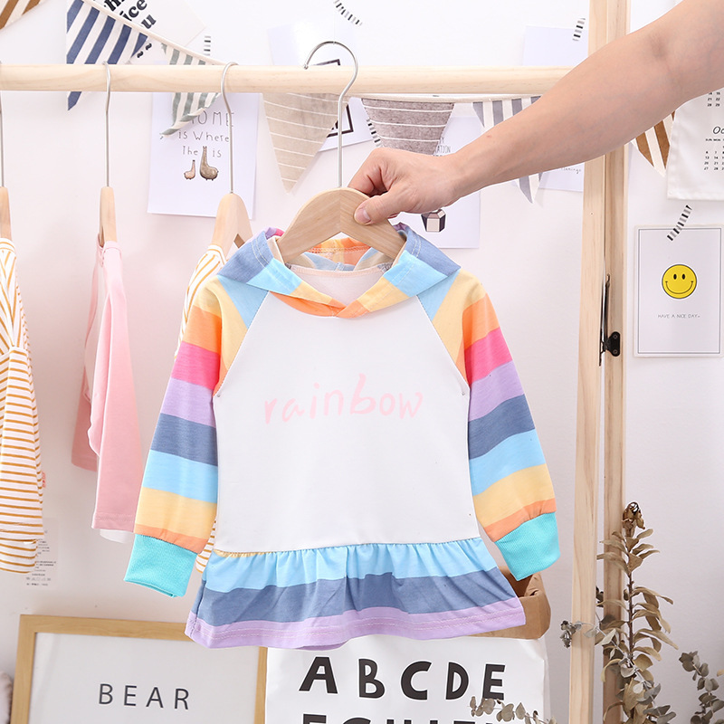 Conyson wholesale fashion boutique autumn sweaters baby Kids Clothing Girls Rainbow hoodie Rabbit Ear clothes long Sleeve Dress