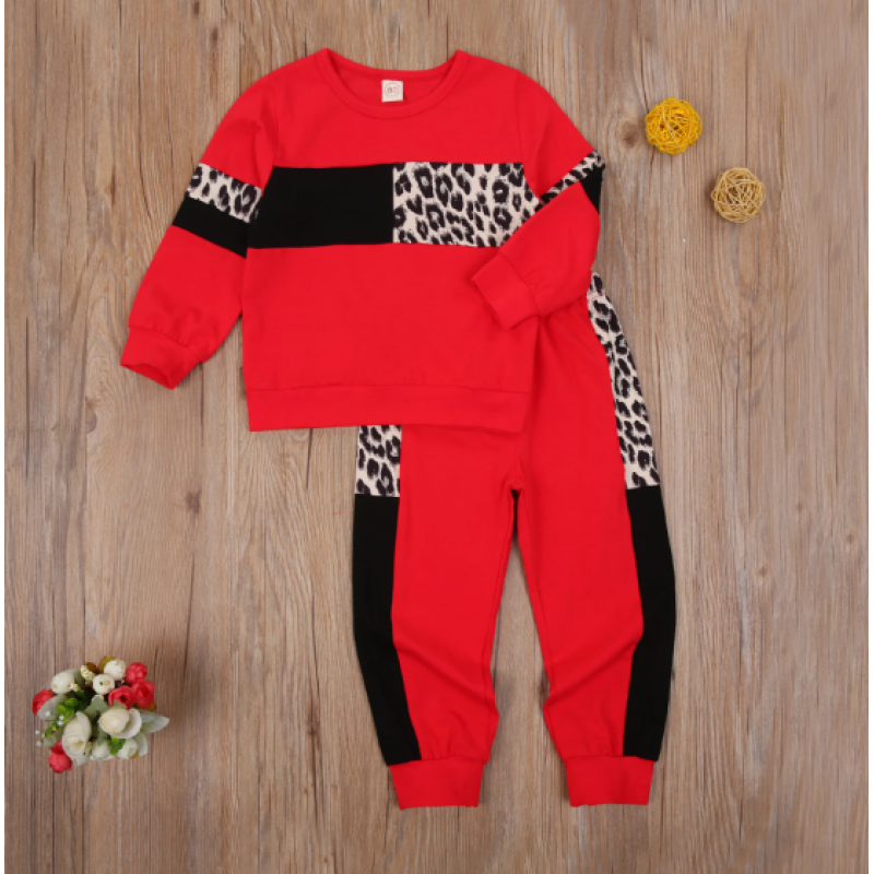 Conyson Patchwork Leopard Two Piece Baby Girl Clothes Long Sleeve Round Neck Top Elastic Head Long Pants Kids Sportswear Suit