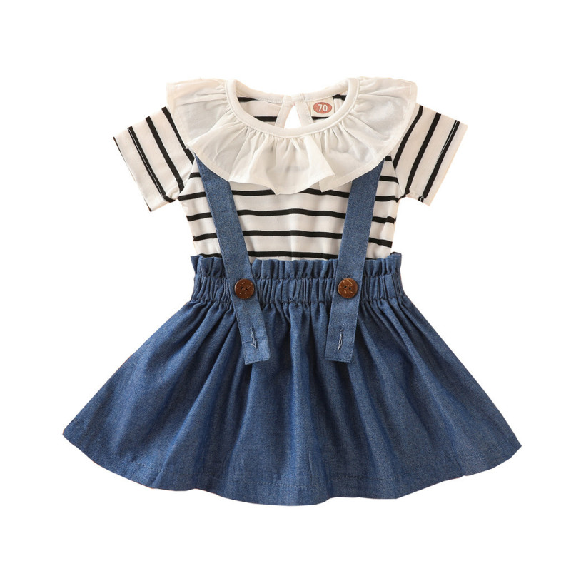 Summer new pretty baby short sleeved top jean strap skirt clothing set baby girl fashion  clothes outfits