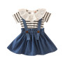 Summer new pretty baby short sleeved top jean strap skirt clothing set baby girl fashion  clothes outfits
