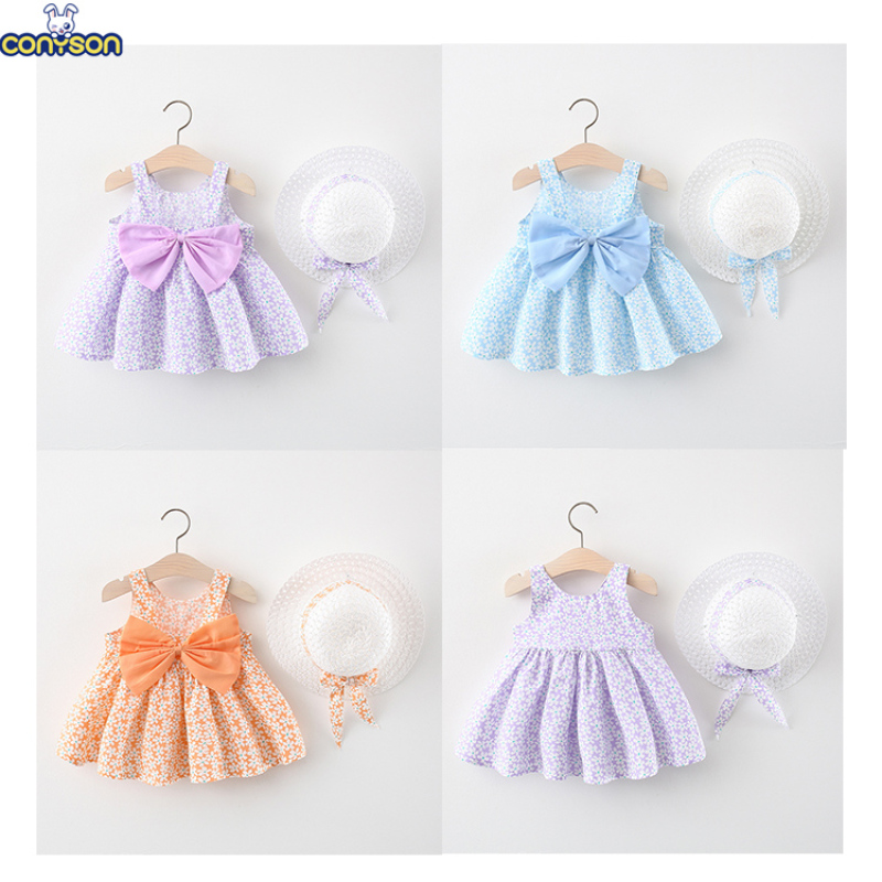 Conyson Wholesale Summer New Design Fashion Korean Sweet Kids Clothes Suit Princess Bowknot Dresses+Hat Baby Girls Clothing Set
