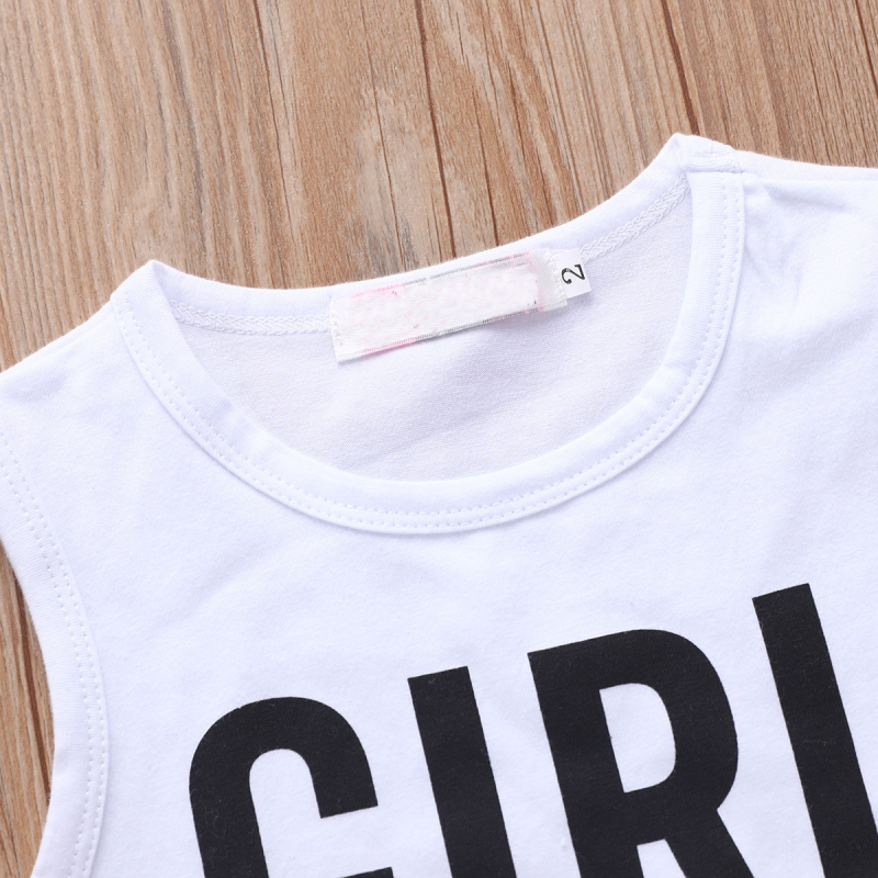 Baby Girl Summer Outfit Cotton White Girl Printed Tank Top Distressed Patched Denim shorts Kid Girl Sleeveless clothing Set