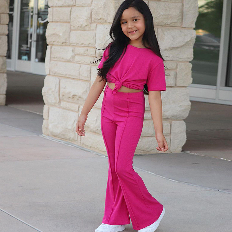 Conyson 2023 Custom New Arrive Hot Sale Fashion Solid Color Designer Boutique Outdoor Flared Pants Girl Kids Clothing Shirt Sets