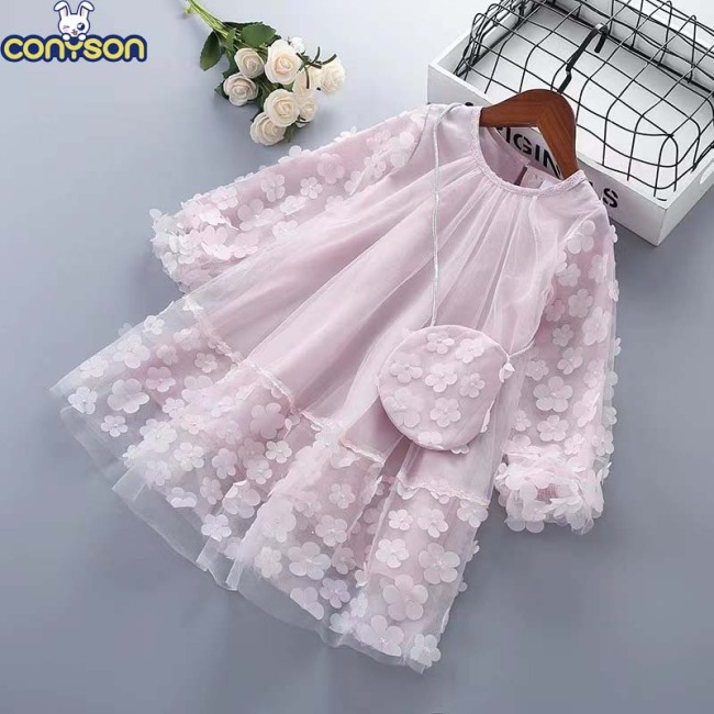 Conyson Hot Sale Spring Autumn Long Sleeve Cotton Kids Girls Wedding Mesh Flower Dress With Bag Baby Girl Party Dresses