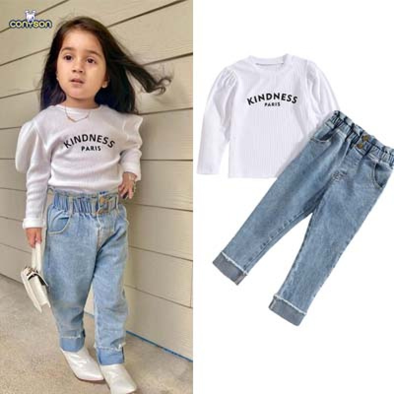Conyson Spring Fall Custom 2Pcs Outfits Puff Sleeve+Denim Pants Cute Kids Casual Wear Girls Clothing Sets